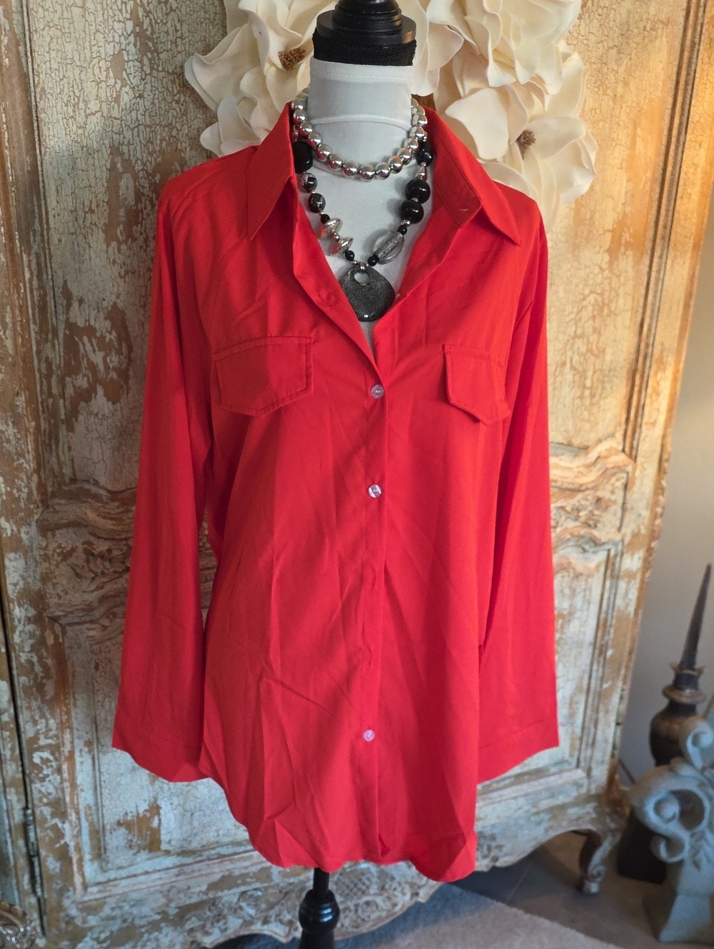 Women's Red Button-Up Shirt - Classic Collared Top